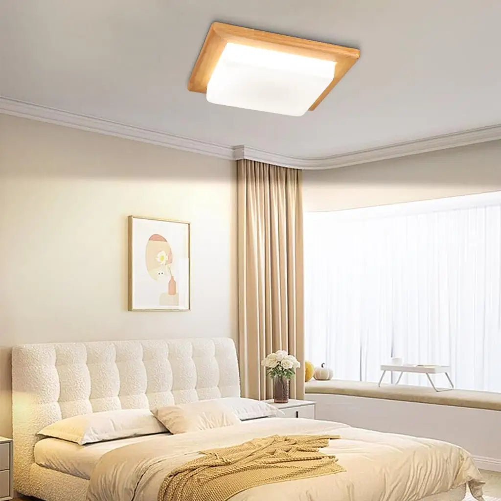 plafonnier carré moderne en bois avec leds design créatif - vue 3 sur 7