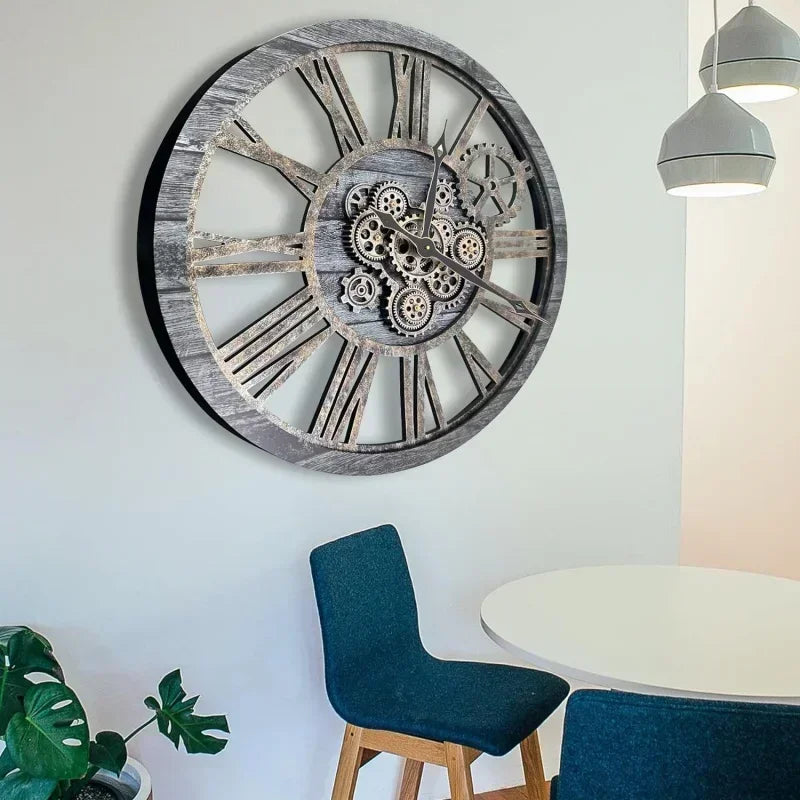 horloge murale en bois style rétro avec engrenages mobiles décorative - vue 7 sur 7