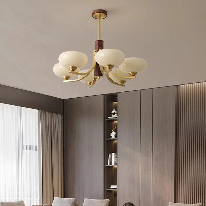 Walnut Wood Glass Brass, Wabi-sabi Modern Vintage style, chandelier lights for Living room, Bedroom, dining room, study - vue 3 sur 6