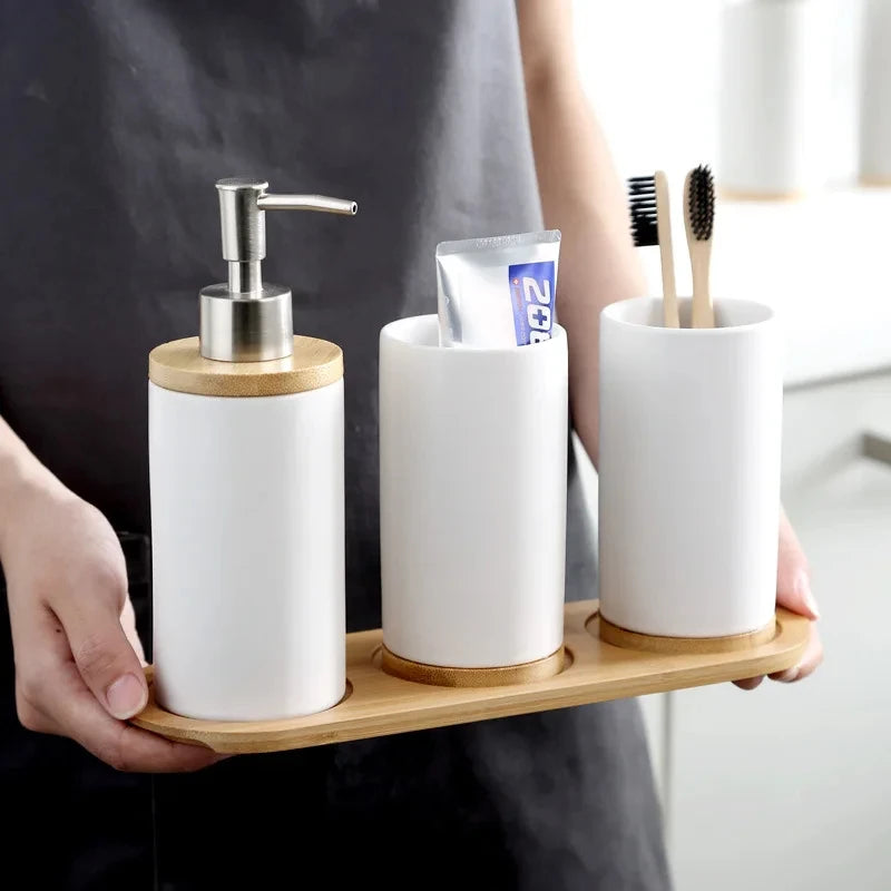ensemble d'accessoires de salle de bain en céramique et bambou - vue 10 sur 16