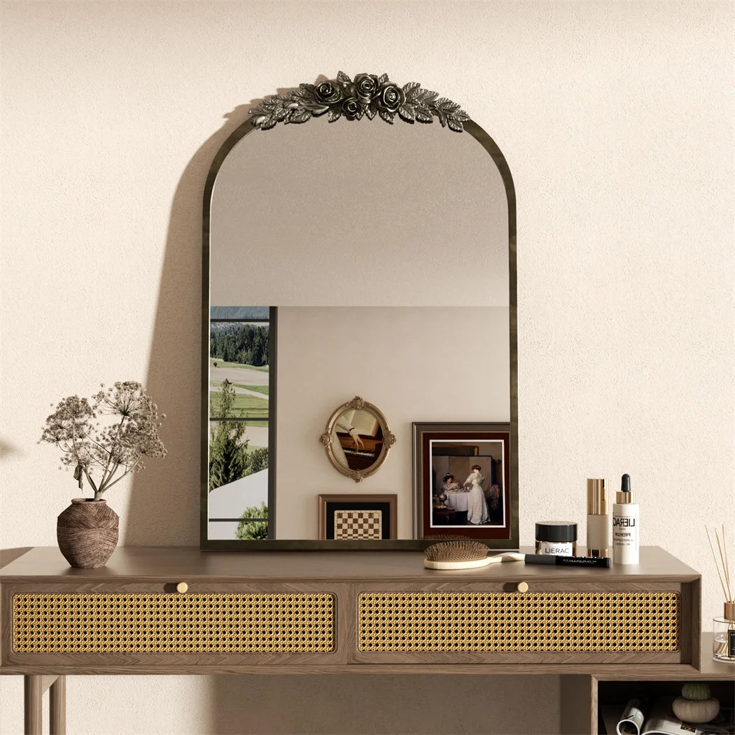 LUVODI Arched Antique Brass Wall Mirror Metal Frame Adorned with Resin Rose Pattern for Entryway,Fireplace,Living Room - vue 4 sur 7