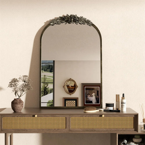 LUVODI Arched Antique Brass Wall Mirror Metal Frame Adorned with Resin Rose Pattern for Entryway,Fireplace,Living Room - vue 5 sur 7