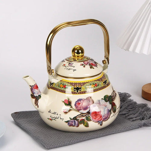 Bouilloire email vintage florale poignée dorée 1 5l