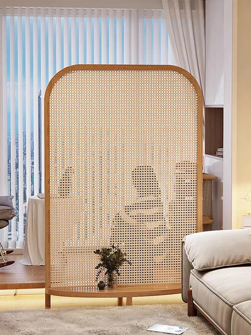 solid wood rattan screen, living room, retro entryway, shelf, partition, homestay, mobile seat screen - vue 4 sur 6