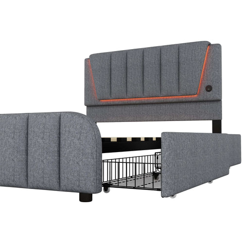 Upholstery bed, 140x200cm, bed with slatted frame (without mattress), remote control room light, bed with four drawers, adjustable - vue 3 sur 5