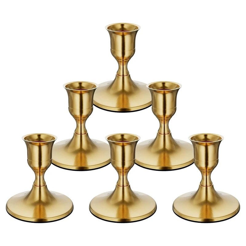 6PCS Brass Gold Taper Candle Holders, Vintage Metal Candlestick Holders For Dinner Room Table Centerpiece Or Mantel
