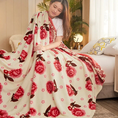 Plaid polaire motifs floraux et carreaux style doux
