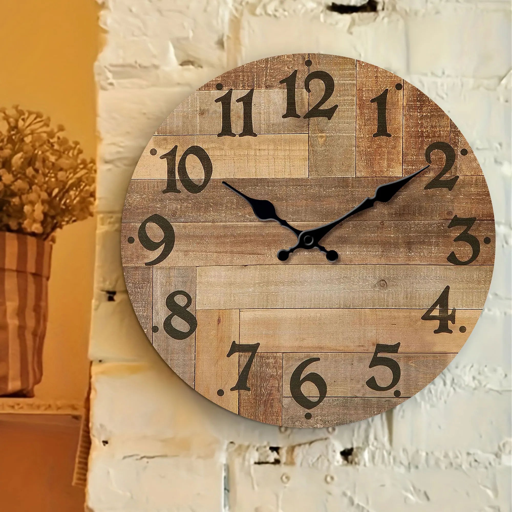 1pc Wooden veneer wall clock, Vintage style Brown wood texture design wall clock, round silent clock, suitable for living room b
