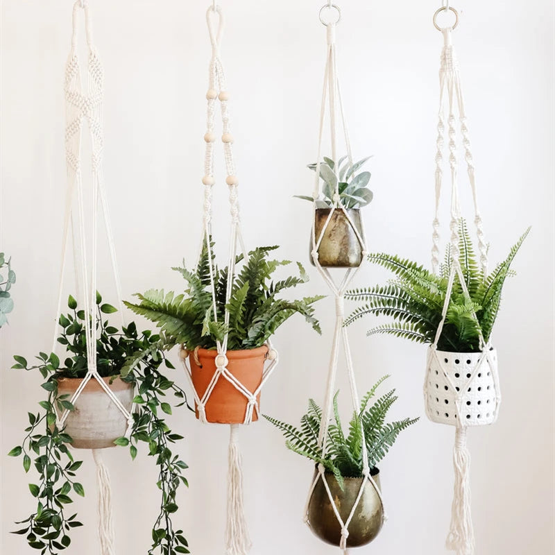 support de plante en macramé suspendu fait main en coton naturel - vue 4 sur 23