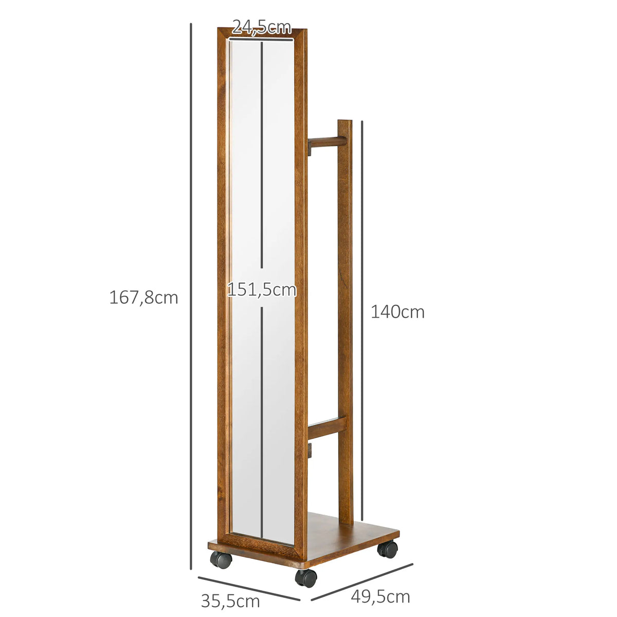 HOMCOM full body mirror with wheels bar shelf 35,5x49,5x167,8 cm Walnut - vue 3 sur 7