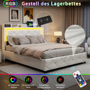 Upholstered Bed with LED Light, Charging Function, Air Pressure Metal Frame and Wooden Slatted Frame, PU, Without Mattress