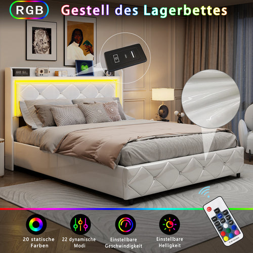 Upholstered Bed with LED Light, Charging Function, Air Pressure Metal Frame and Wooden Slatted Frame, PU, Without Mattress - vue 4 sur 6