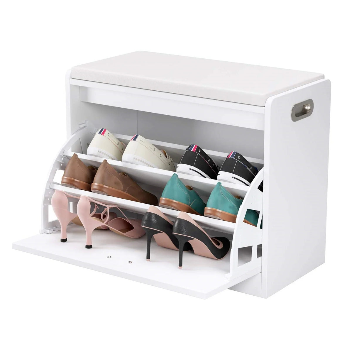 Getone Shoe Bench Entryway Shoe Rack, White Shoe Storage Cabinet with PU Leather Seat, Flip Drawer, White 60x29.5x50.5cm