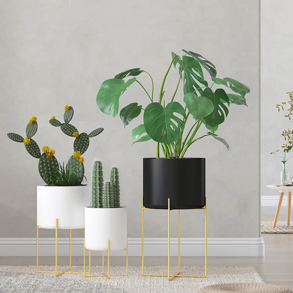 support de plante en métal avec pot tendance doré - vue 4 sur 9