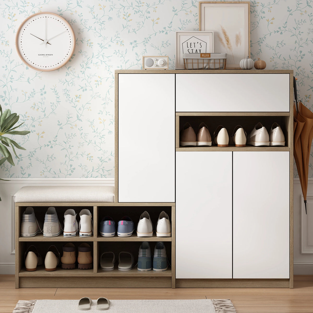 Shoe storage bench & shoe cabinet, multi-functional shoe rack with padded seat, versatile shoe storage