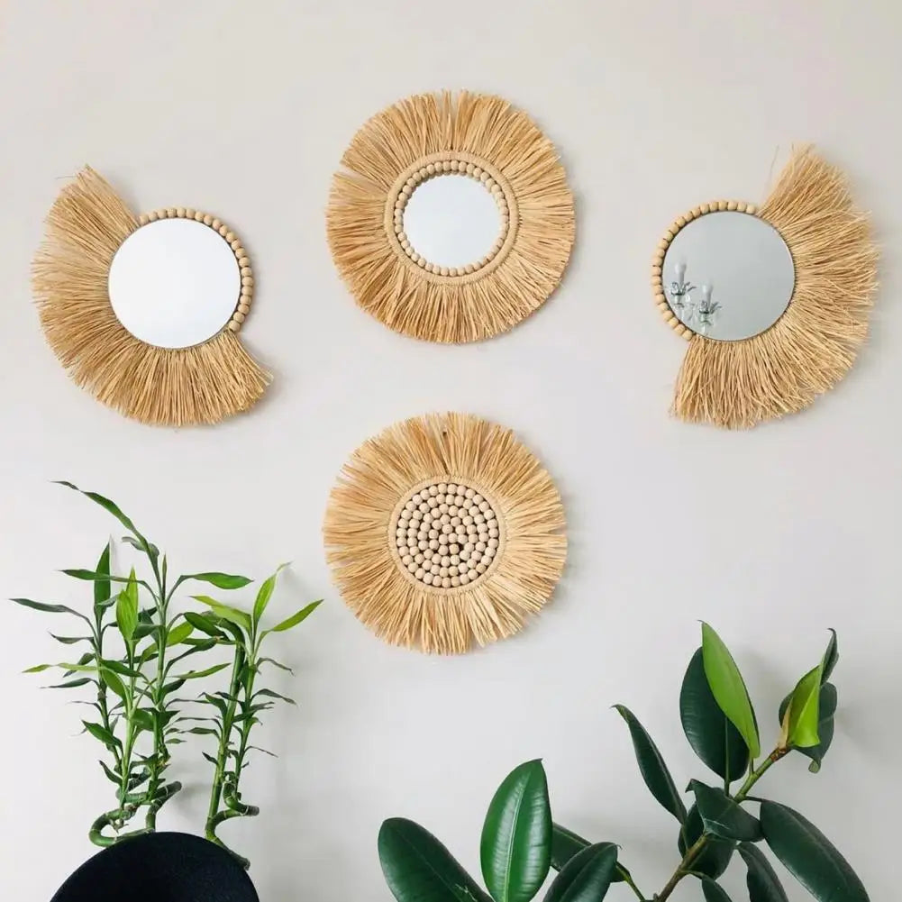 miroir suspendu en raphia et perles en bois décoratif multifonctions - vue 4 sur 11