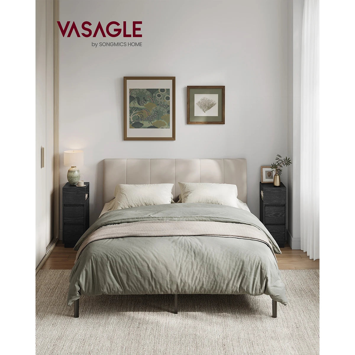 VASAGLE Slim Bedside Tables, Set of 2, Small Narrow Side End Tables with 2 Drawers, 1 Open Compartment Mounted to Face Left