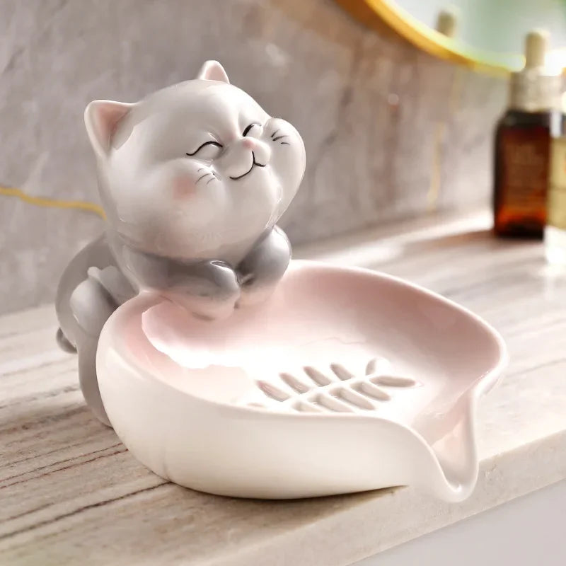 Ceramic Soap Holder for Household Desktop Decoration, Creative Cat Soap Box, Bathroom Drain, Cute Cartoon Storage Shelf