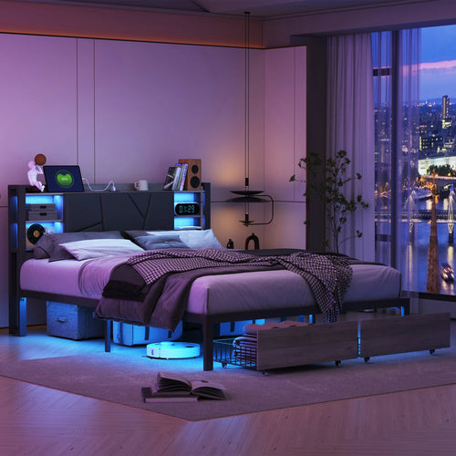 Double Bed with Metal Slatted Base,Platform Bed Frame with LED and 2 Drawers,Headboard with Storage Space,without mattress - vue 3 sur 7