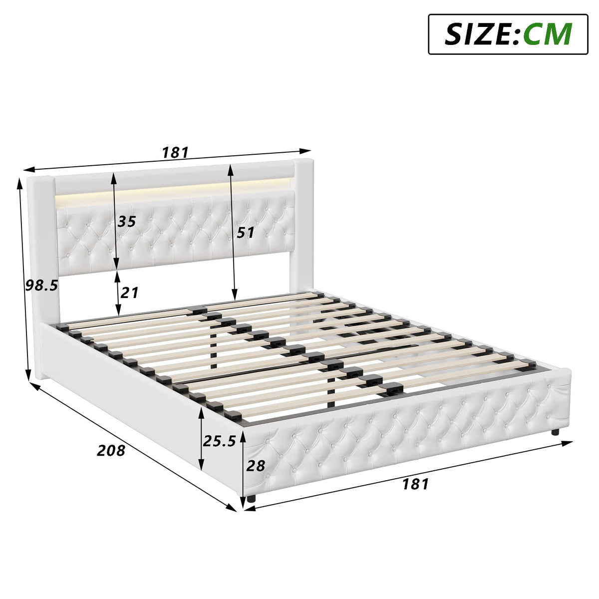 Upholstered Bed, Double Bed, PU Bedside Lamp, Hydraulic Functional Storage Bed, Headboard and Slatted Base, Padded Backrest - vue 9 sur 9