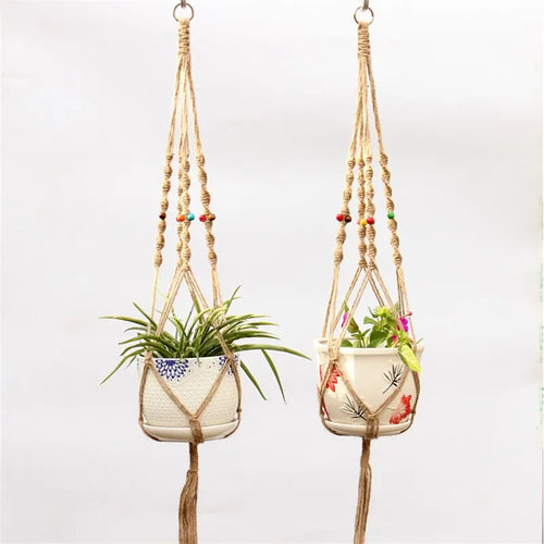 panier suspendu en corde de chanvre pour plantes décoratives