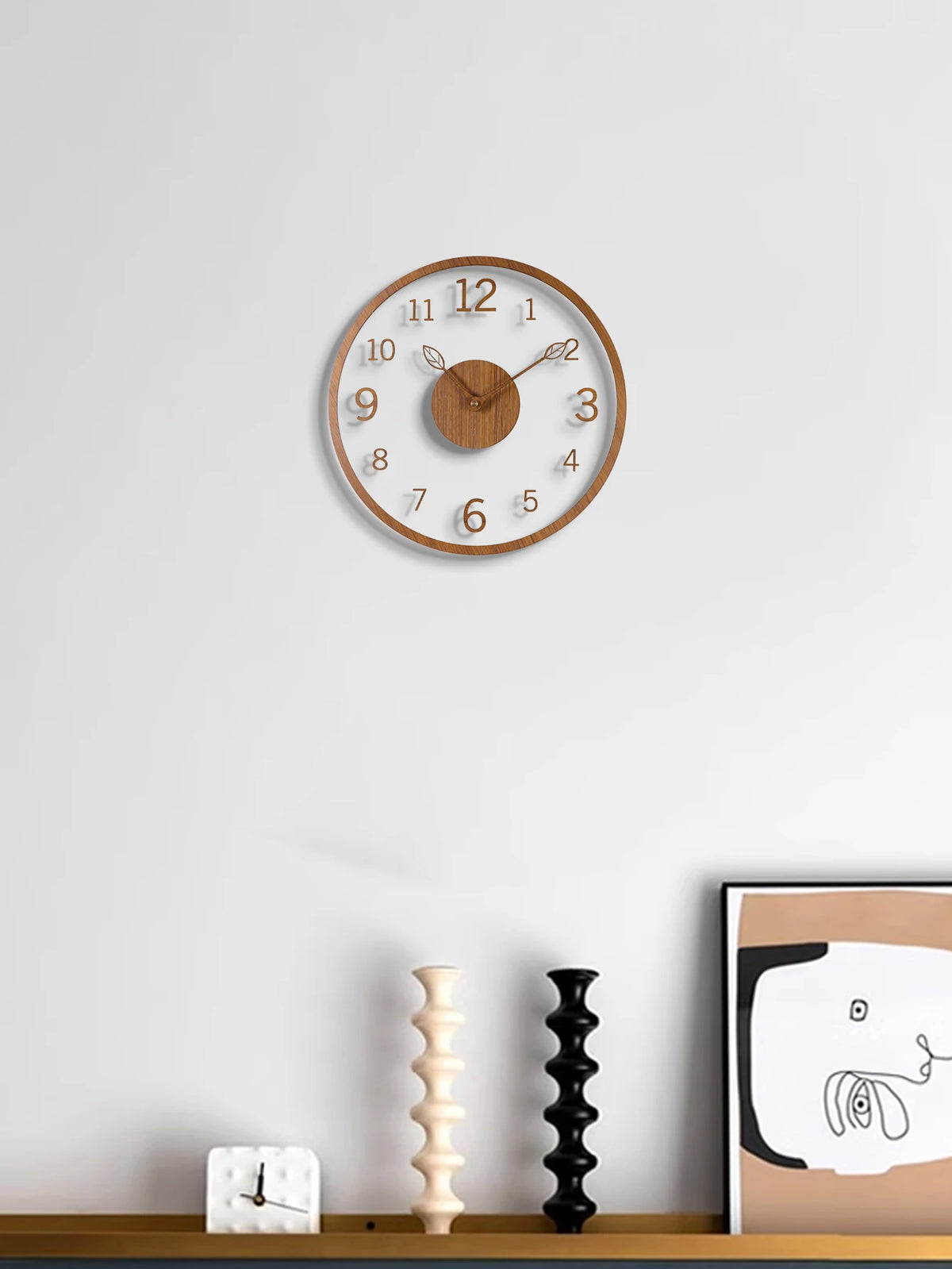 Transparent minimalist wall clock, tree leaf pointer, wood grain wall clock, silent living room, bedroom, office, and holiday de - vue 6 sur 7