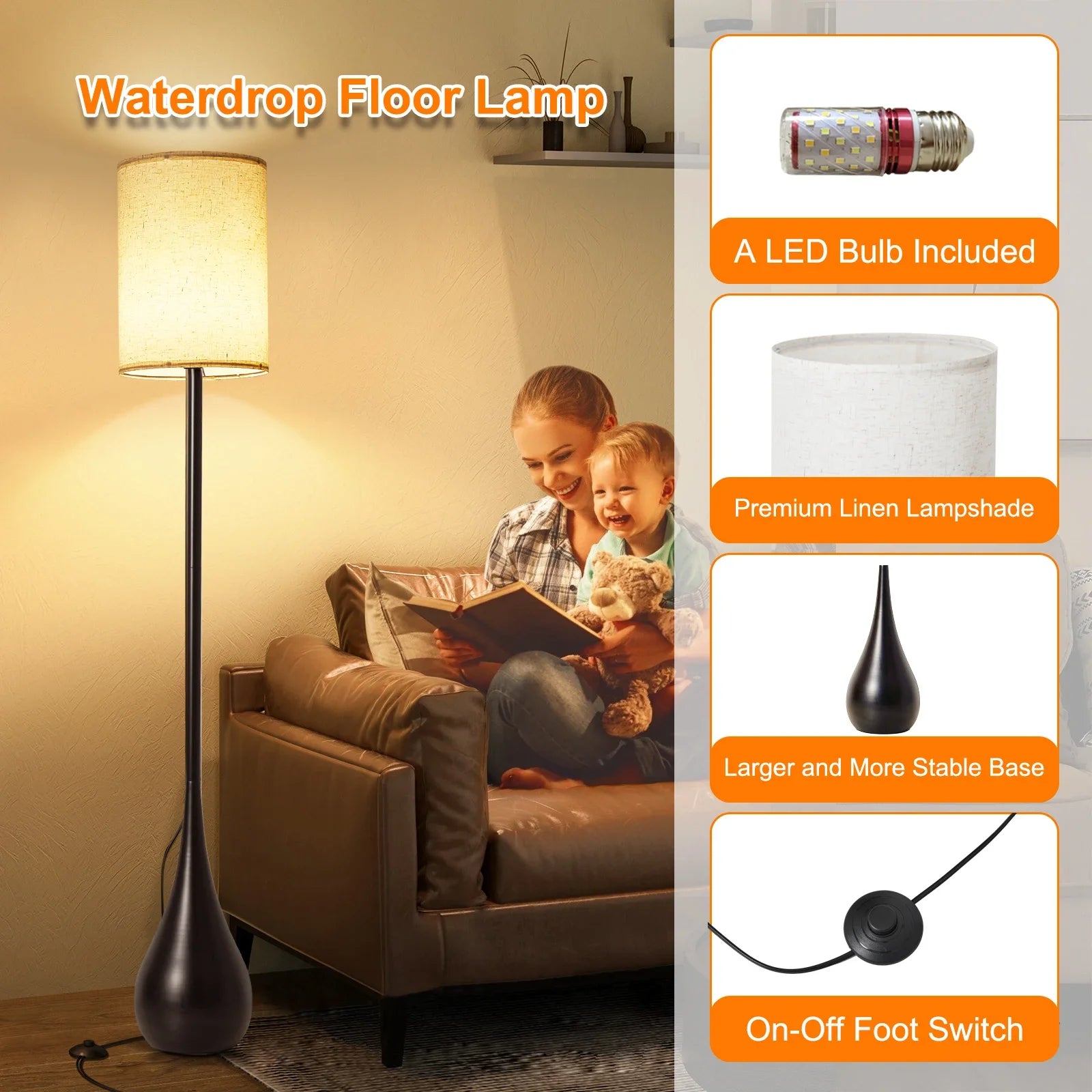 lampe de sol led design goutte d'eau avec variateur 3 couleurs - vue 3 sur 7