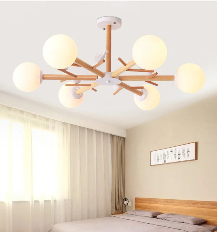 lustre en bois naturel avec abat-jour en verre moderne - vue 2 sur 9