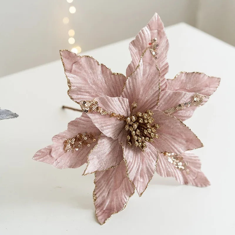 fleur de noël artificielle en velours pailleté décoration festive pour maison - vue 6 sur 12