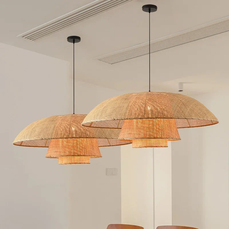 Wabi-sabi rétro rotin suspension Vintage artisanat silencieux lampe à vent pour salon chambre salle à manger Table lustre - vue 5 sur 10