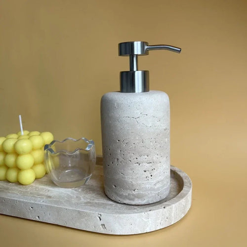 Wholesale Customized Natural Yellow Travertine Marble Stone Refillable Bathroom Liquid Dispenser, Lotions Soap Container