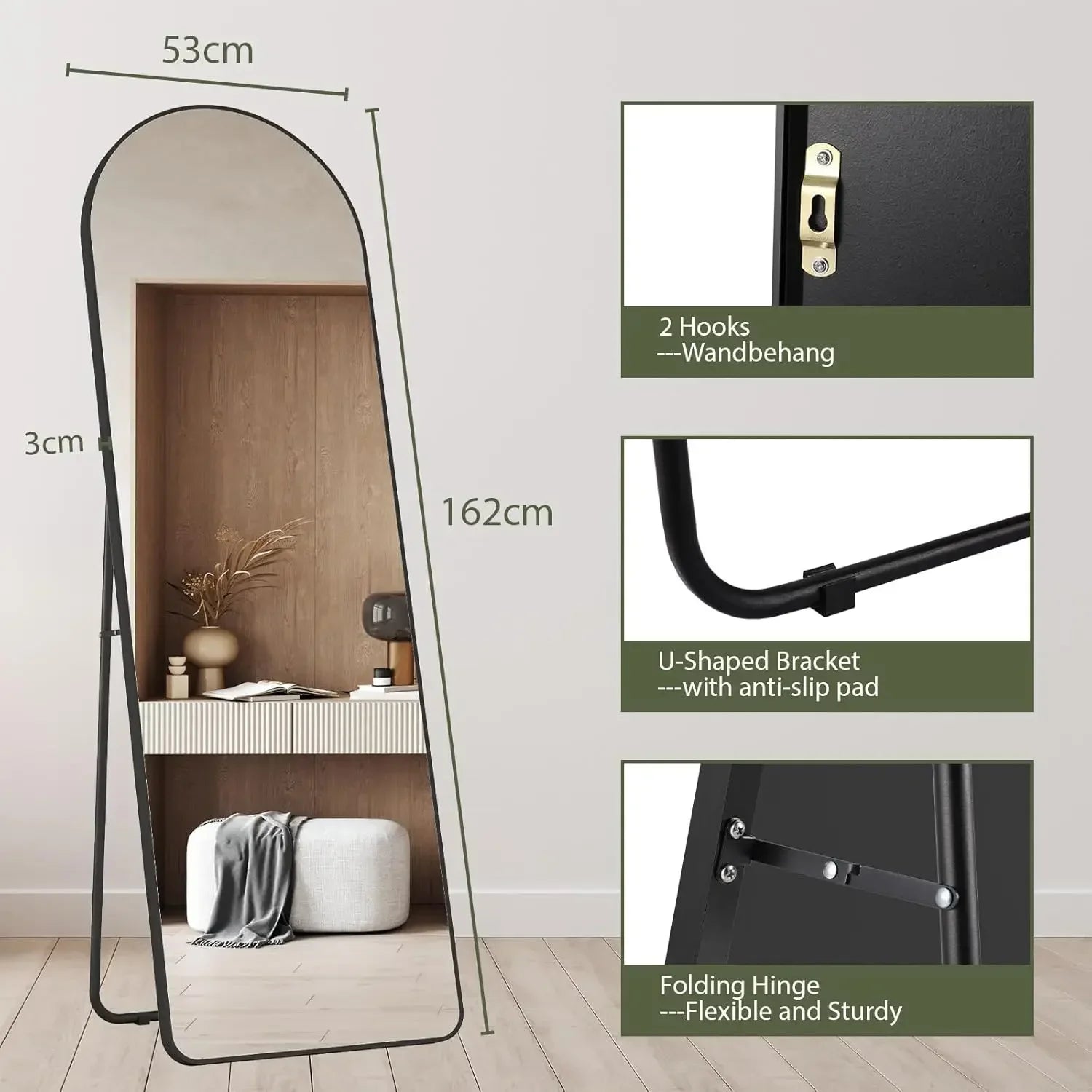 Full Length Mirror 162x53cm Full Body Mirror Rectangle Free Standing Wall Mounted Leaning Hanging Floor Mirrors, Black/Gold
