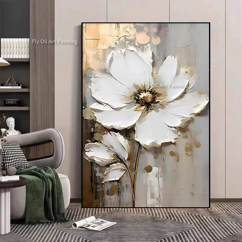 Tableau peinture à l'huile épaisse fleurs blanches abstraites décoration murale luxe - vue 2 sur 11