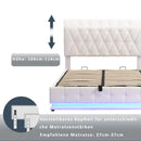 White Upholstered Bed, 140x200cm Double Bed, with Slatted Frame Artificial Leather Cover LED Lighting Hydraulically Liftable Bed