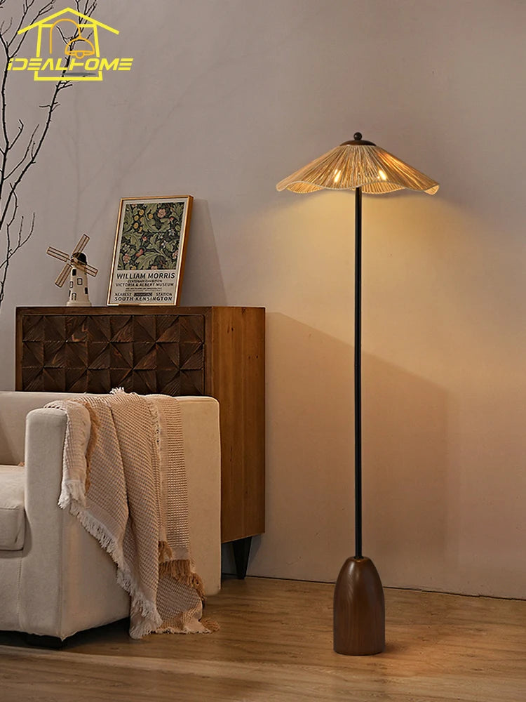 lampe de sol en bois tissé herbe médiévale minimaliste wabi-sabi - vue 5 sur 7