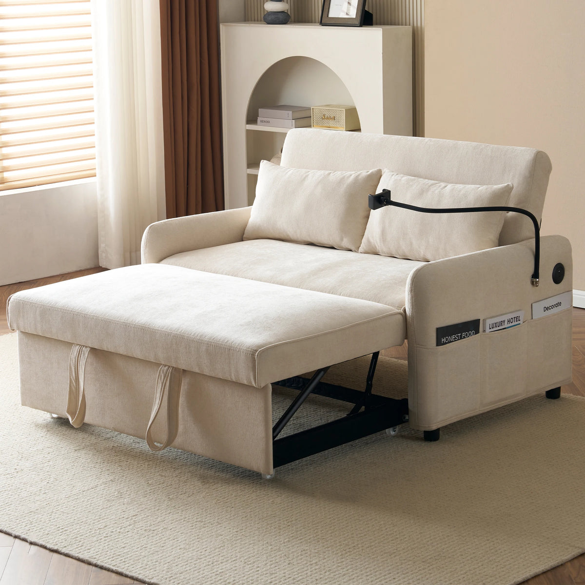 Modern double folding sofa bed, multi-functional with adjustable backrest, cell phone holder & USB charging station