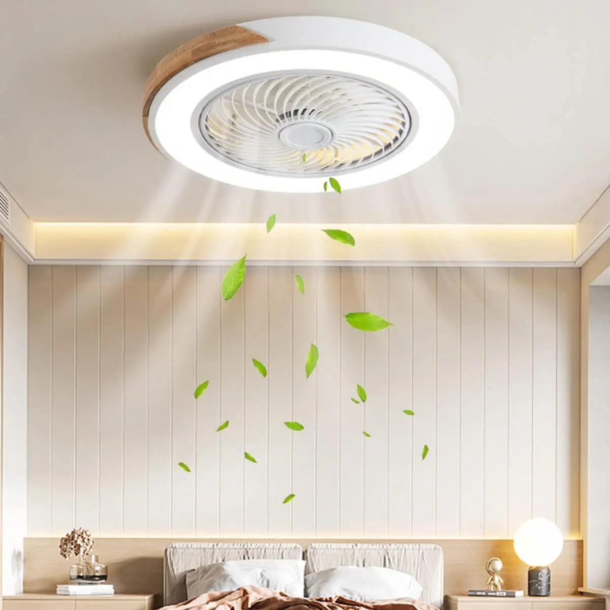 plafonnier en bois avec télécommande et lumière led variable 3 couleurs - vue 3 sur 12