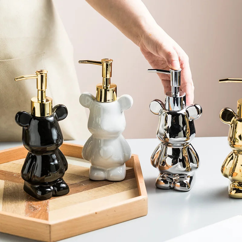 Bear Shape Ceramics Soap and Gel Dispenser, Creative Gold Silver, 200ml Empty Shampoo Bottle, Bathroom Storage Accessories