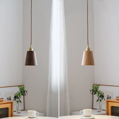 Moderne LED-Pendelleuchte aus Holz mit Lampenschirm aus Messing - vue 2 sur 8