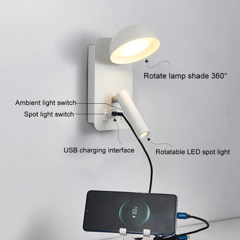 applique murale led luminaire avec interrupteur interface usb éclairage art - vue 6 sur 8