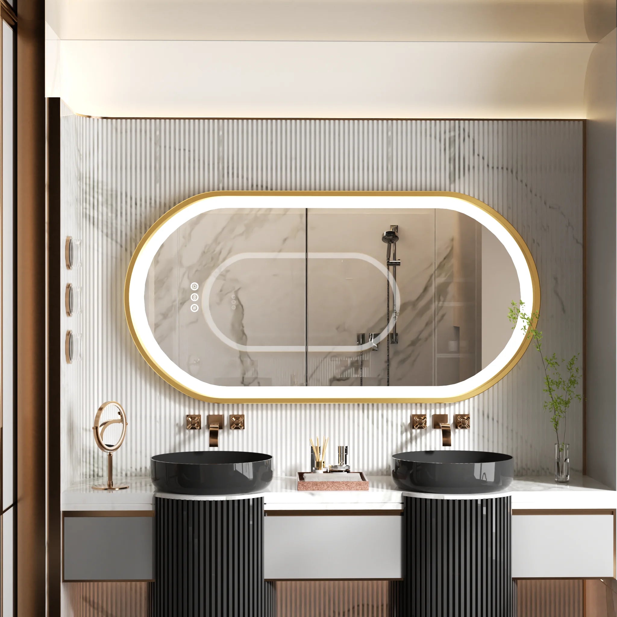 grand miroir oval à led avec éclairage intensité variable et antibuée - vue 4 sur 8