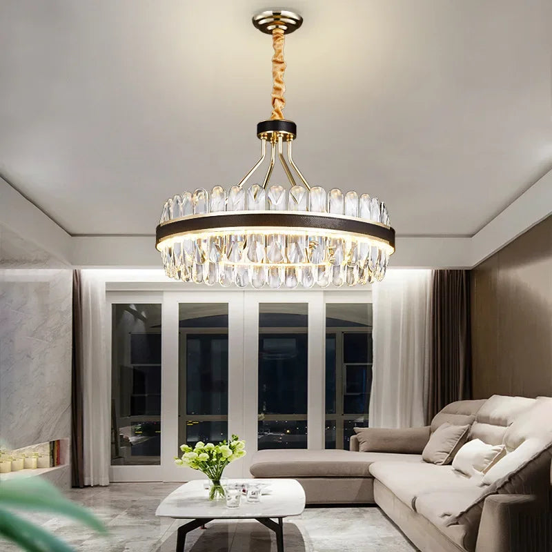 lustre moderne en cristaux éclairage rond à led - vue 5 sur 14