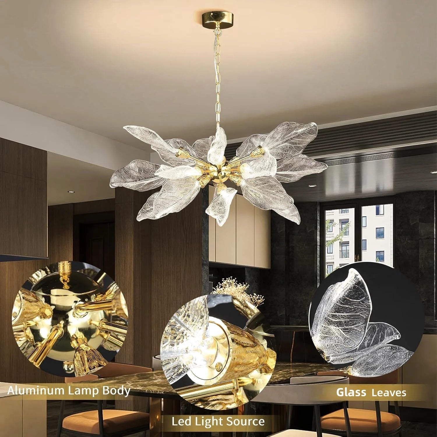 lustre moderne en métal avec design élégant et feuilles décoratives - vue 3 sur 14