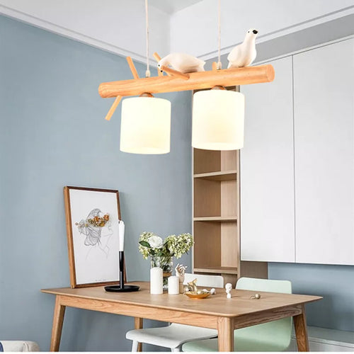Lustre nordique en bois massif avec oiseaux