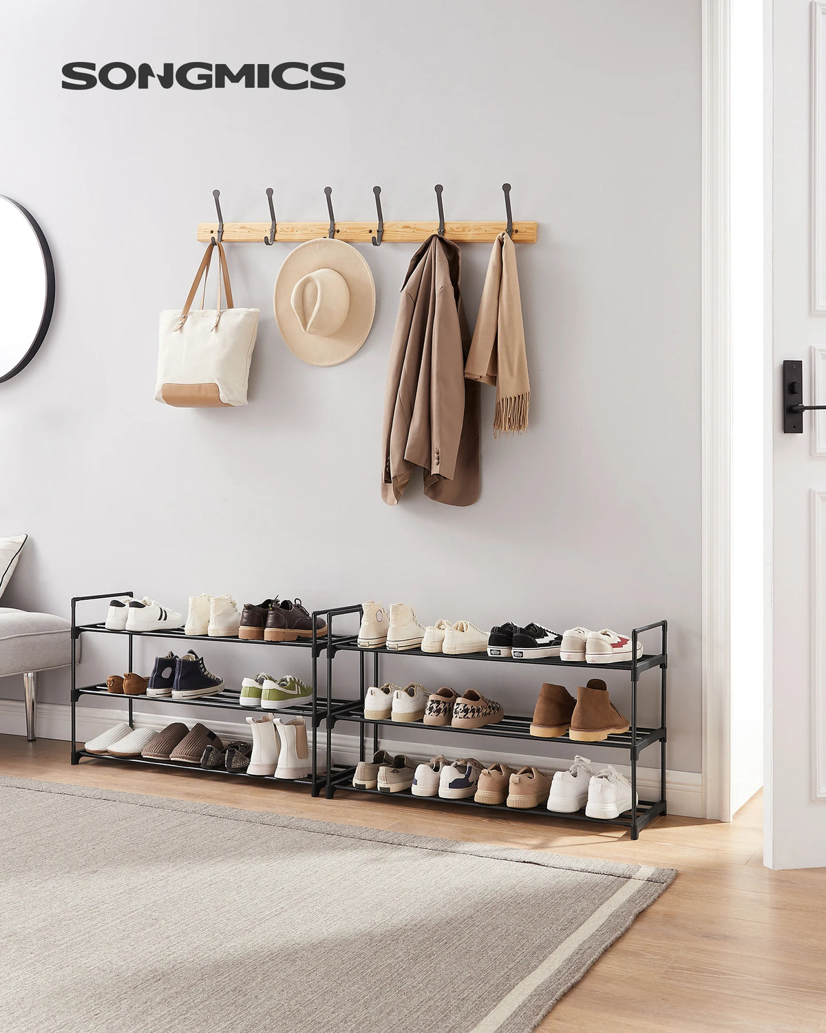SONGMICS 3-Tier Shoe Rack, Shoe Storage Organiser, Set of 2 Metal Storage Rack, Stackable Shoe Shelf, for Hallway, Living Room
