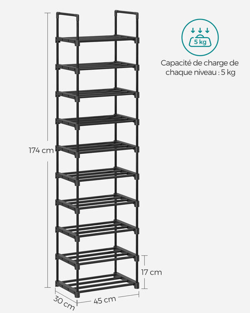 SONGMICS Shoe Rack, 10-Tier Metal Shoe Storage Organiser, Customisable Design, Metal Frame, Space-Saving Rack - vue 7 sur 7