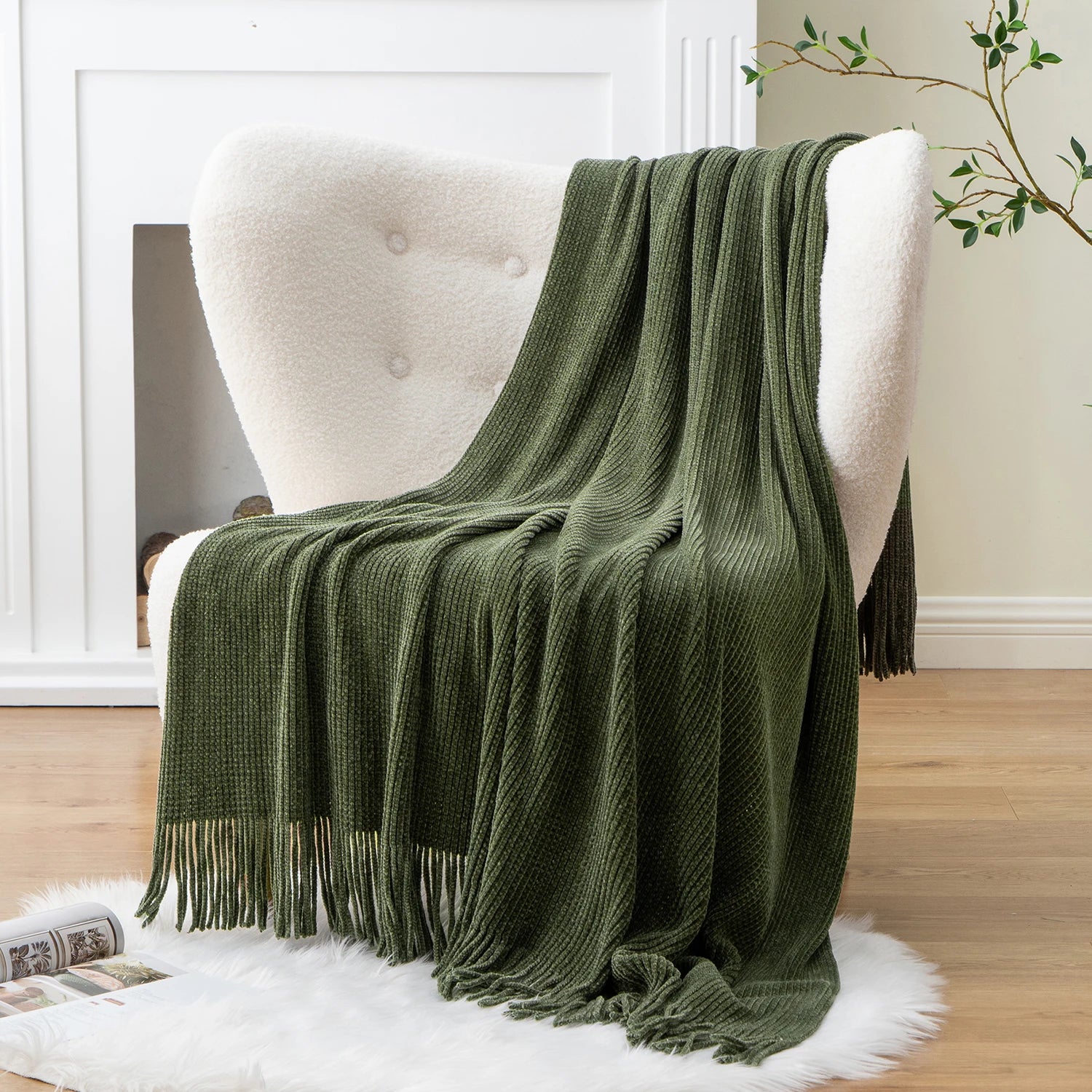 Plaid chenille motif carreaux pompons decoration salon chambre