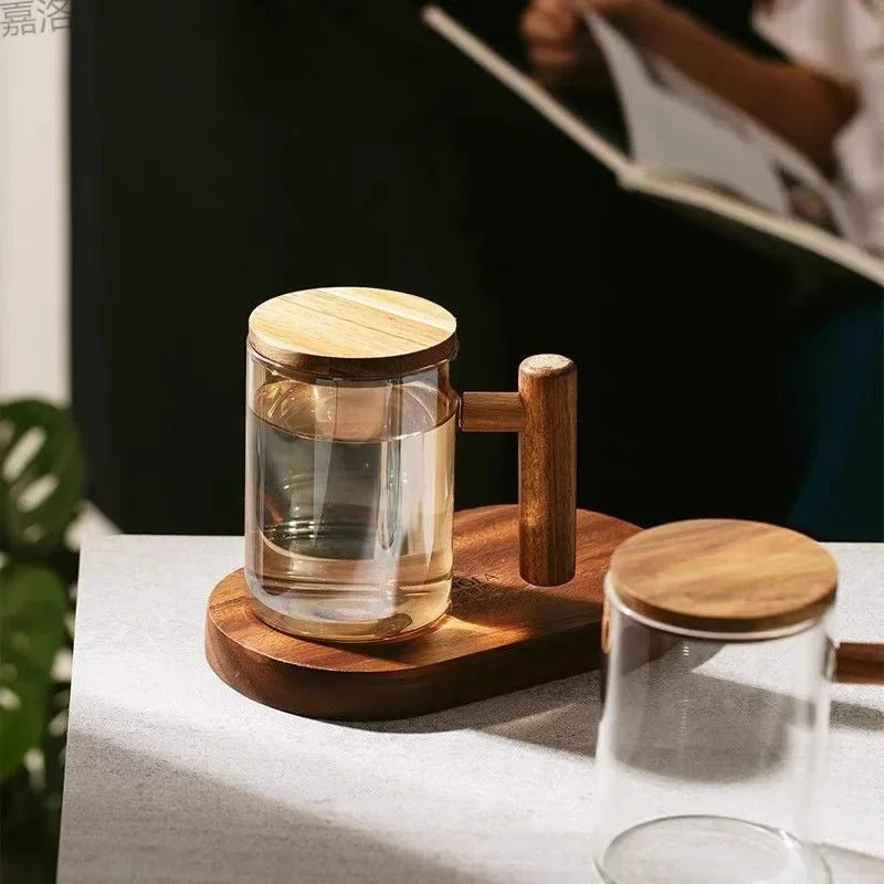tasse en verre borosilicate avec poignée en bois et couvercle - vue 6 sur 8