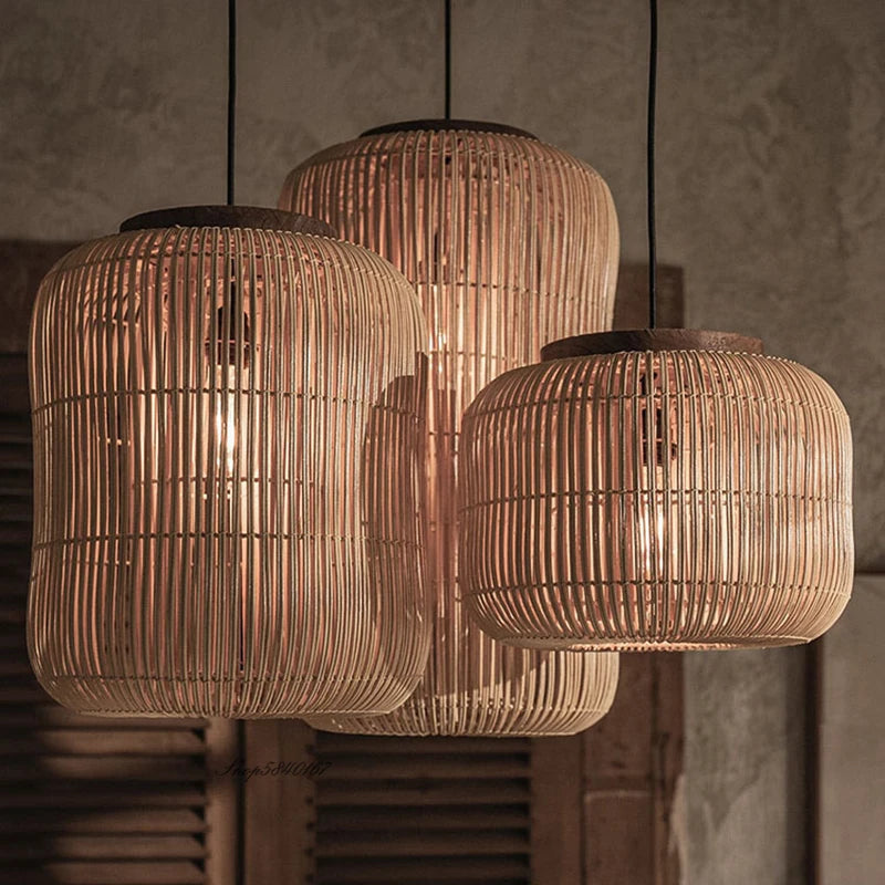 suspension Wabi-sabi lumières chinois rétro salle à manger salon restaurant décor chez l'habitant rotin - vue 3 sur 12