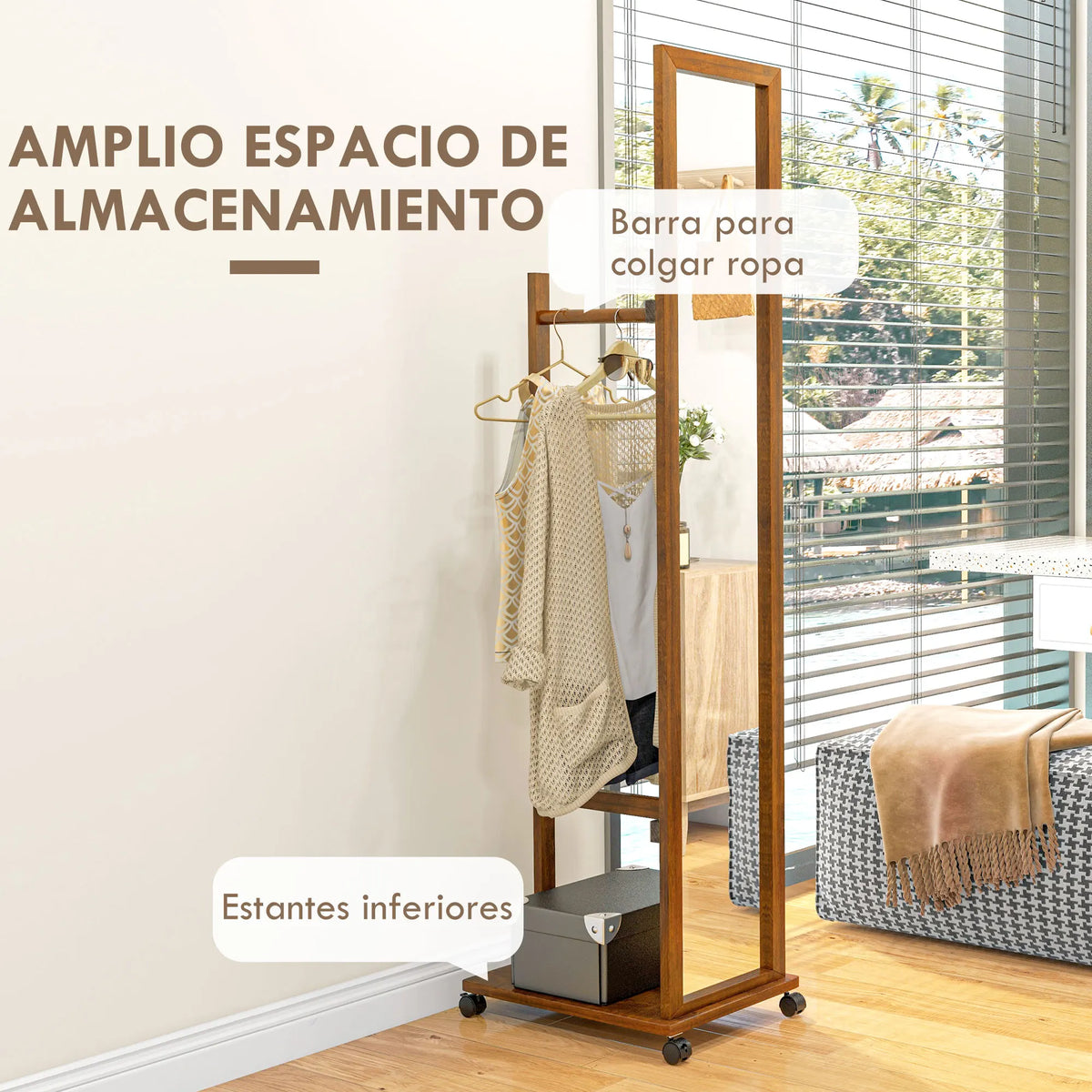 HOMCOM full body mirror with wheels bar shelf 35,5x49,5x167,8 cm Walnut - vue 4 sur 7